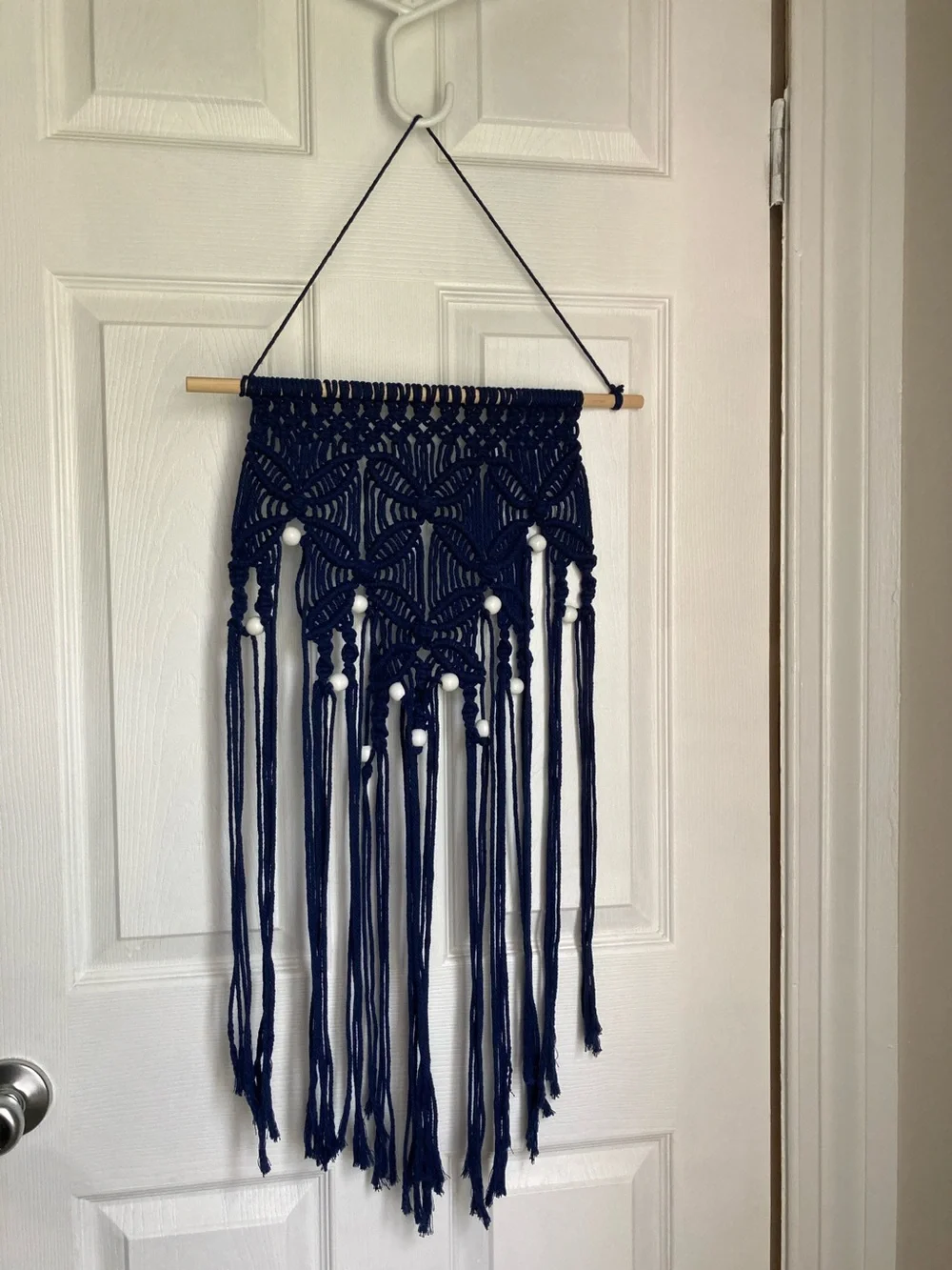 Boho Bohemian Macrame Navy Blue Wall Hanging with White Wooden Beads 38 x 13 in